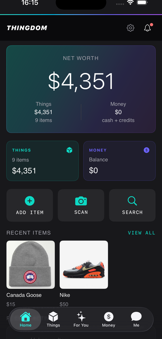 Thingdom home dashboard showing net worth of $4,351